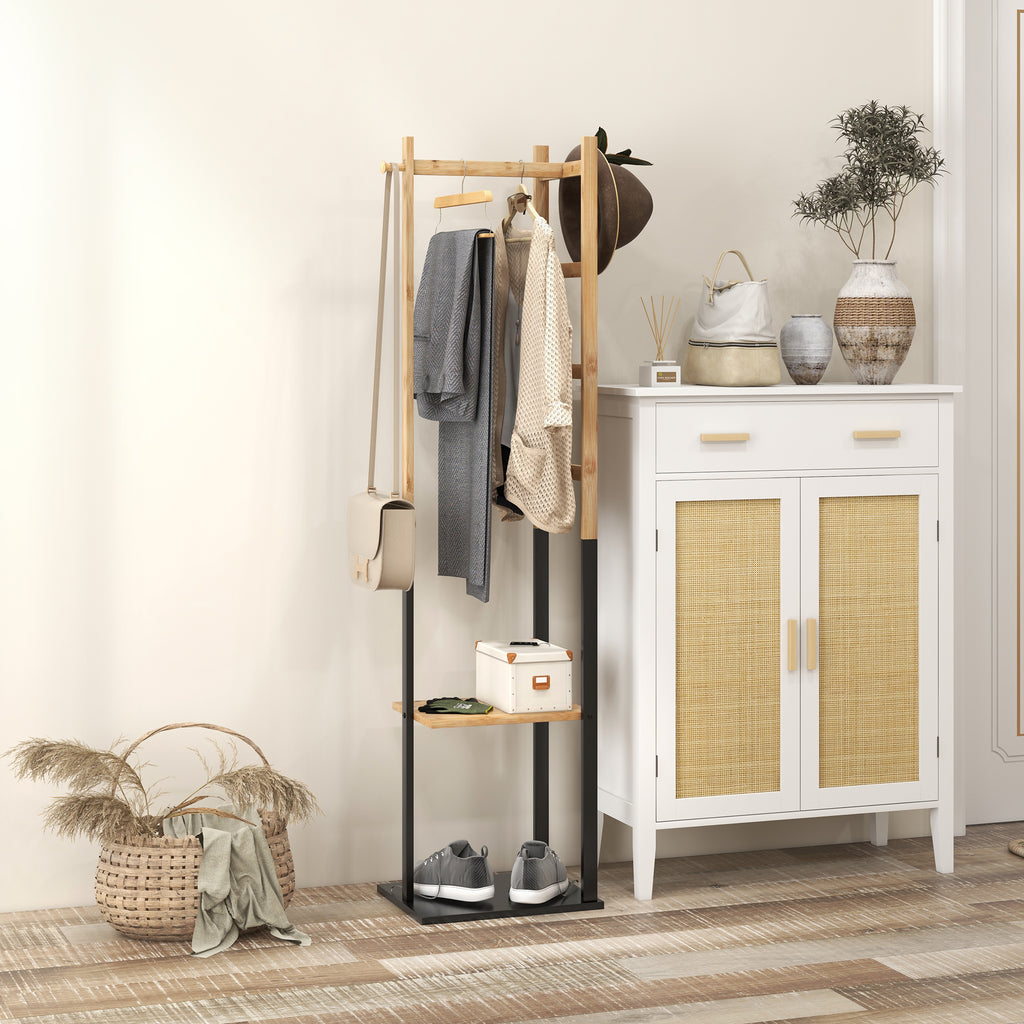Portant pour vêtements en bambou, Porte-manteau en Bois avec tringle, étagères, patère, 4 barres latérales