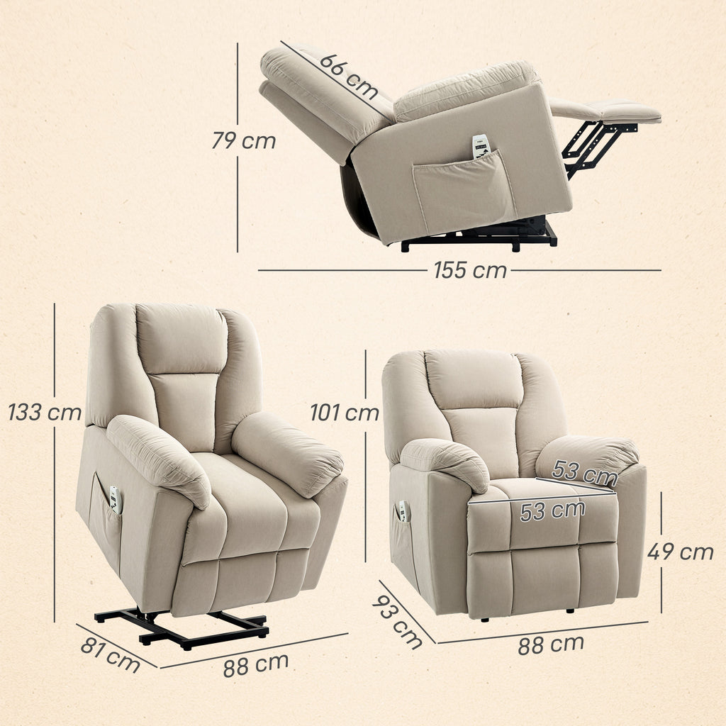 Fauteuil releveur électrique avec fonction massage et chauffage avec dossier inclinable, ports USB, télécommande, beige