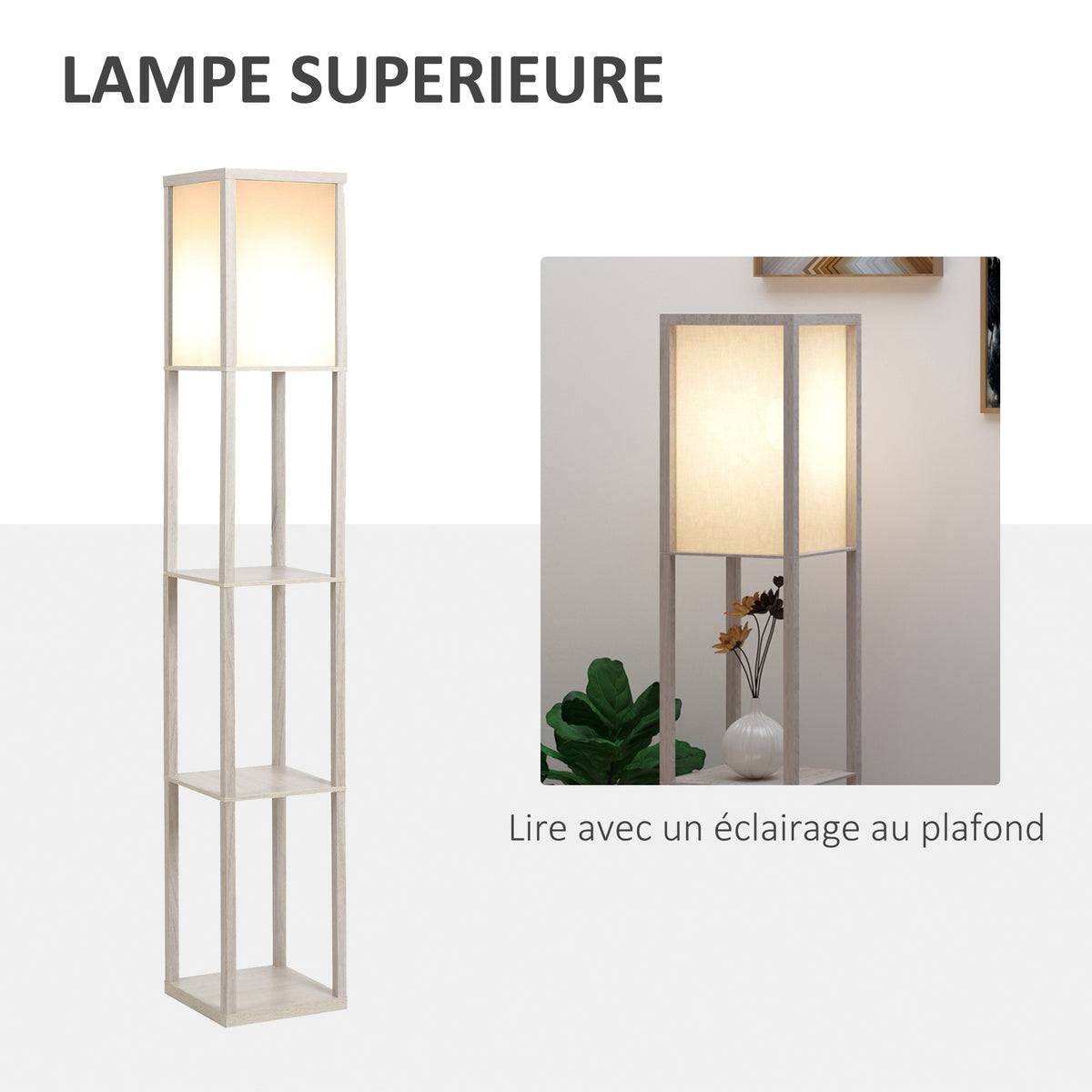 Lampadaire étagère 26L x 26l x 160H cm 3 étagères 4 Niveaux MDF chêne