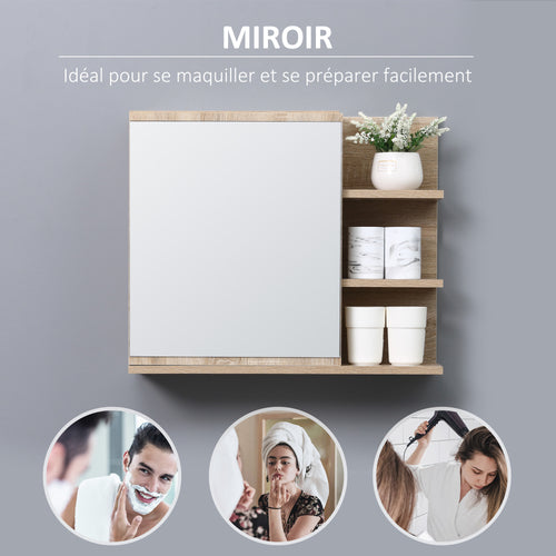 Armoire Miroir de Salle de Bain avec étagère - 3 étagères latérales - kit Installation Murale fourni - Panneaux Particules Aspect chêne Clair