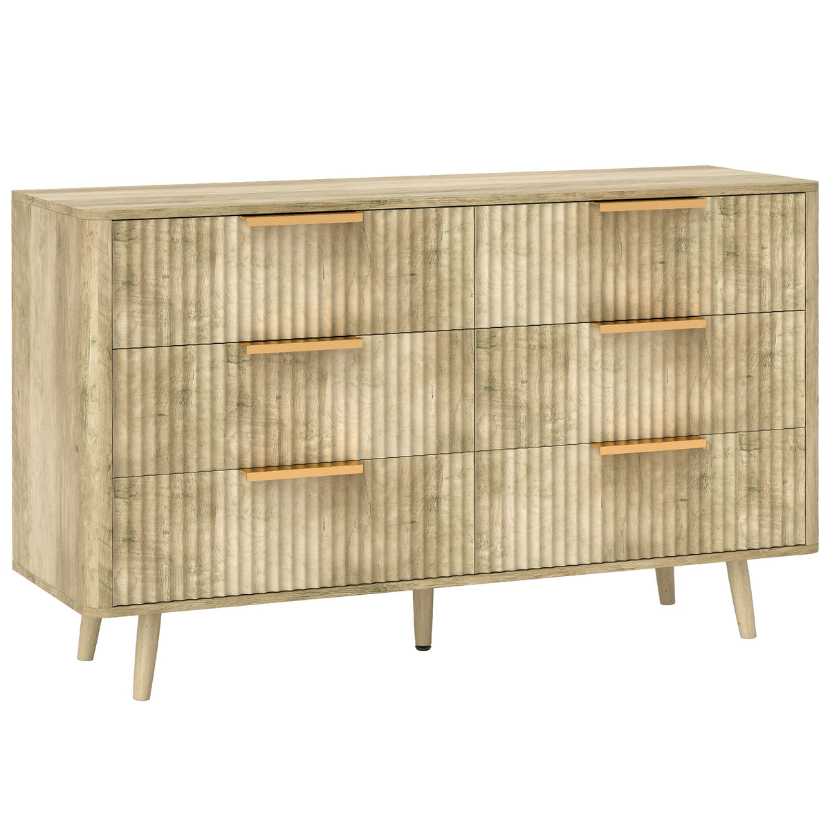 Commode 6 tiroirs scandinave avec poignées et pieds de pin, pour chambre à coucher, salon, couloir, 120x40x76cm, chêne