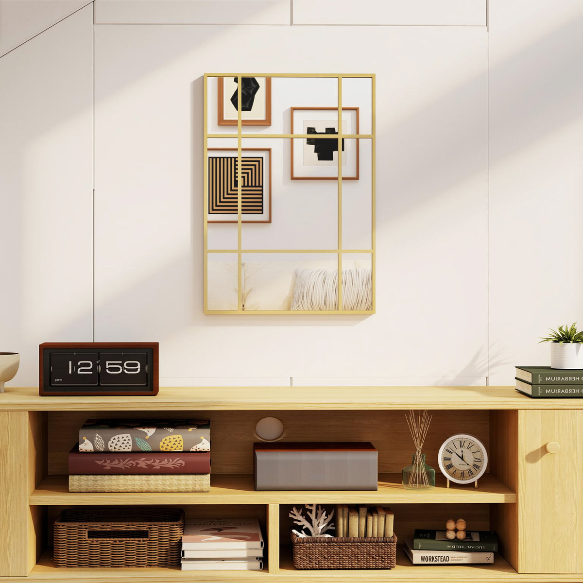 Miroir mural verrière rectangulaire style fenêtre, horizontal ou vertical avec 4 crochets, en métal doré - 50x70 cm