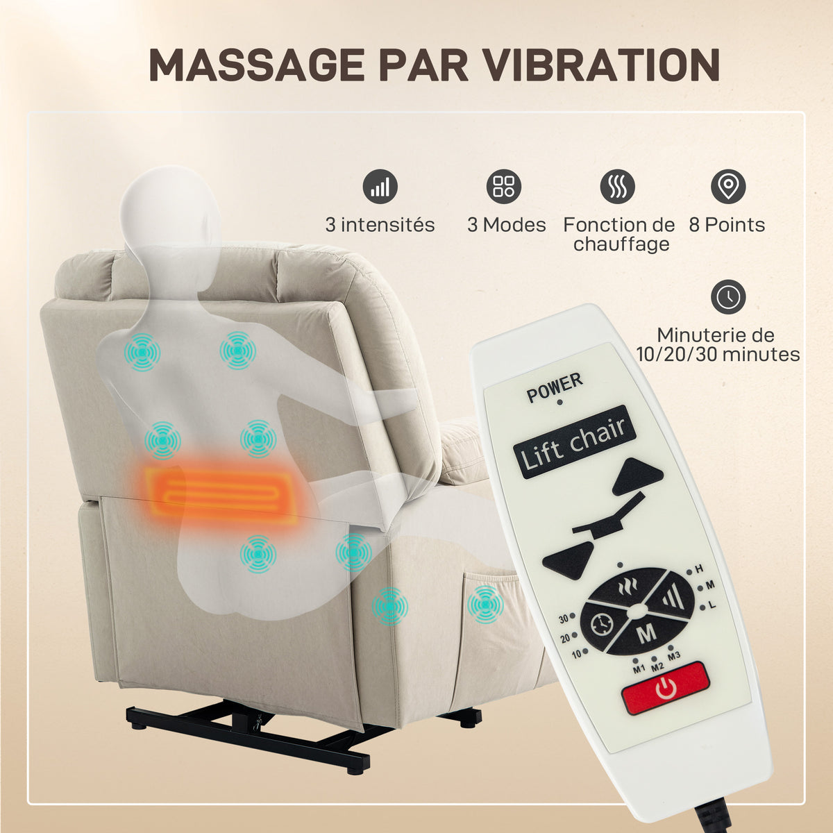 Fauteuil releveur électrique avec fonction massage et chauffage avec dossier inclinable, ports USB, télécommande, beige
