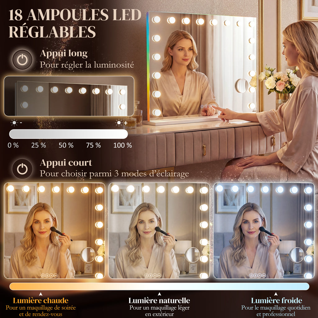 Miroir maquillage Hollywood 18 ampoules LED, 3 couleurs d'éclairage, lumière RGB, haut-parleur Bluetooth, blanc