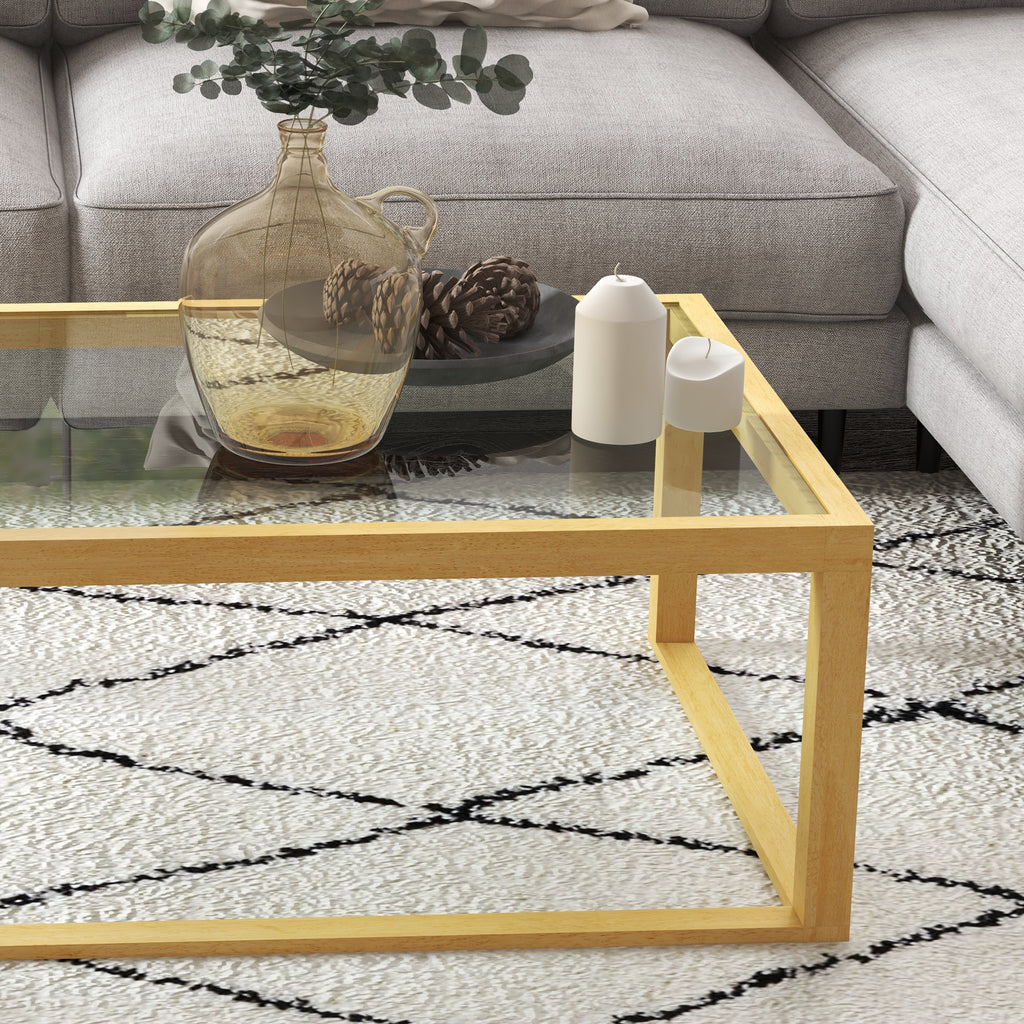 Table basse rectangulaire table de salon avec plateau en verre trempé cadre en bois d'hévéa dim. 100L x 60l x 35H cm