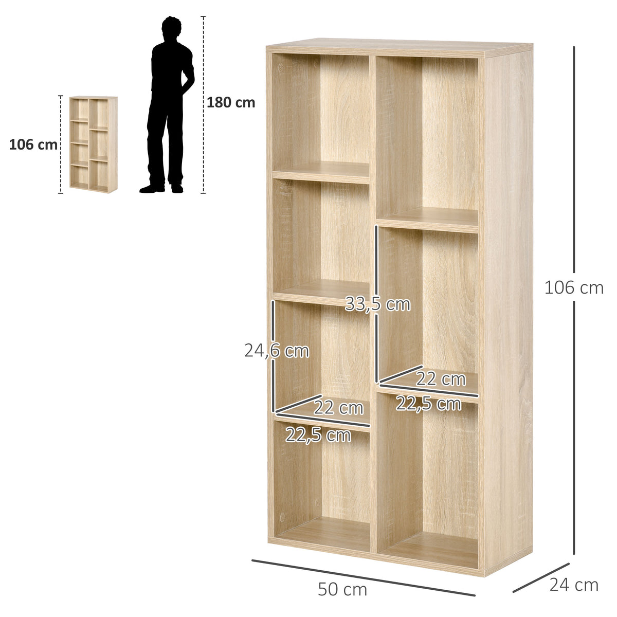 Meuble de rangement Bibliothèque étagère 7 cubes pour intérieur, salon, chambre - 50l x 24P x 106H cm, bois naturel
