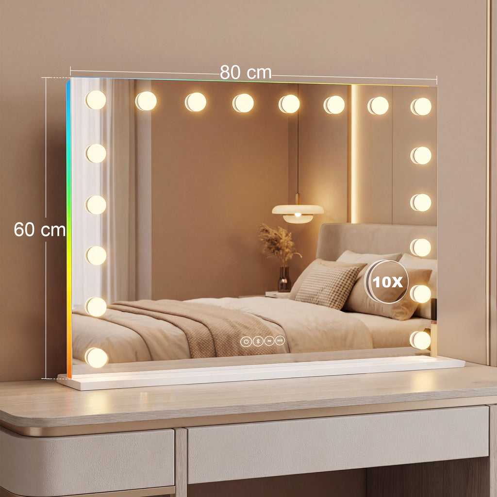 Miroir maquillage Hollywood 18 ampoules LED, 3 couleurs d'éclairage, lumière RGB, haut-parleur Bluetooth, blanc
