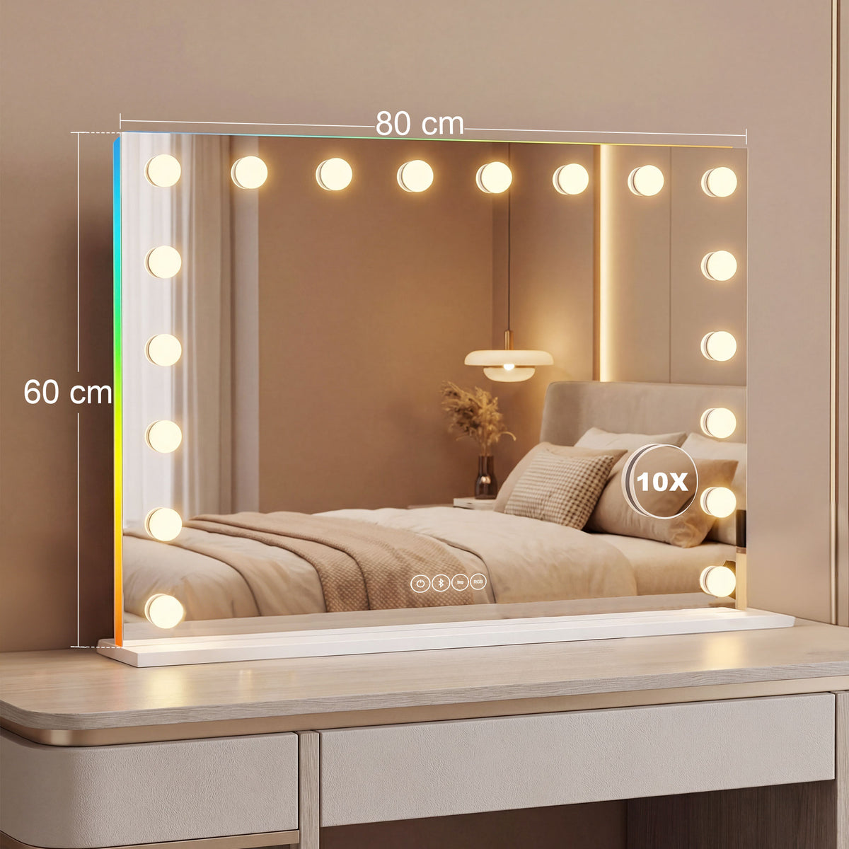 Miroir maquillage Hollywood 18 ampoules LED, 3 couleurs d'éclairage, lumière RGB, haut-parleur Bluetooth, blanc
