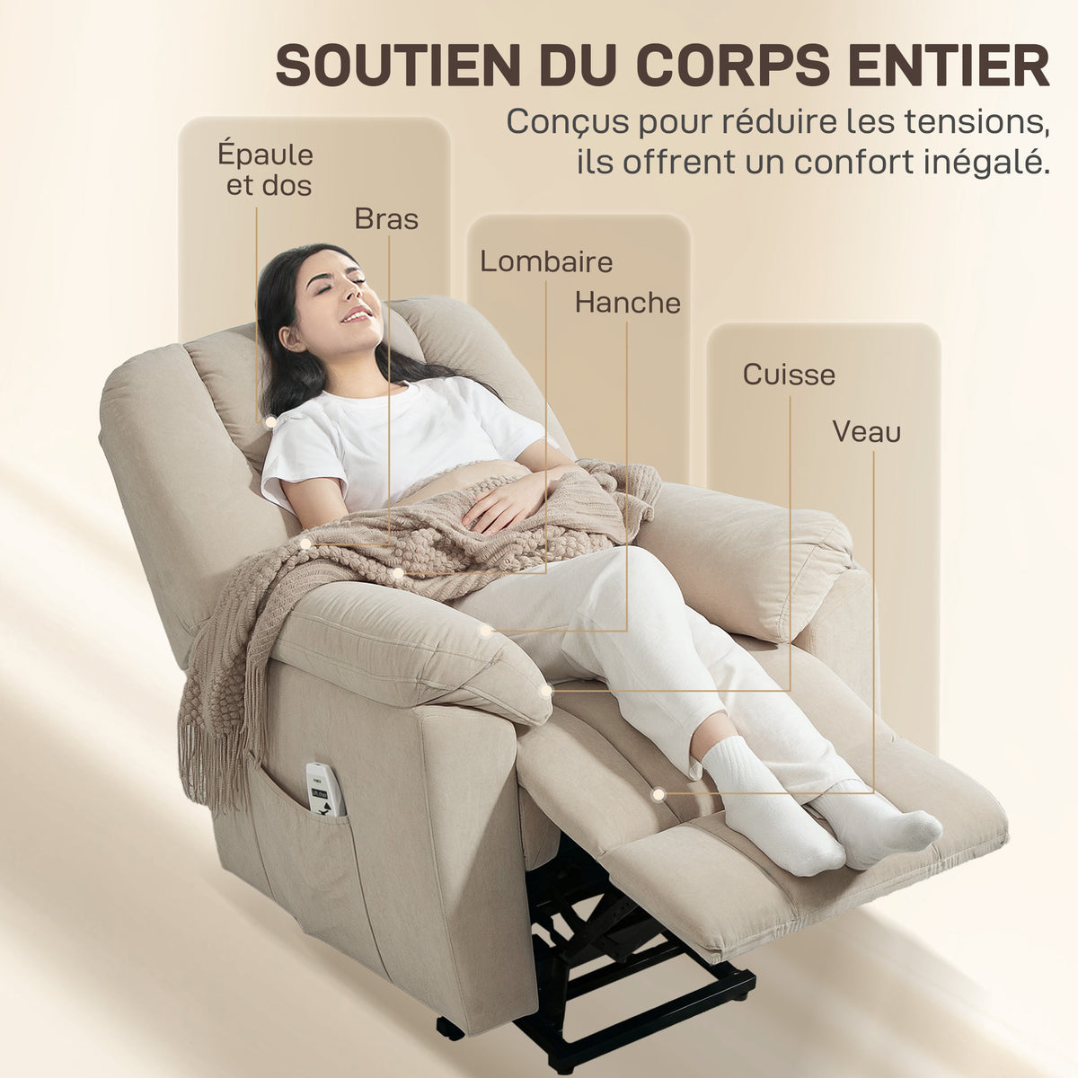 Fauteuil releveur électrique avec fonction massage et chauffage avec dossier inclinable, ports USB, télécommande, beige