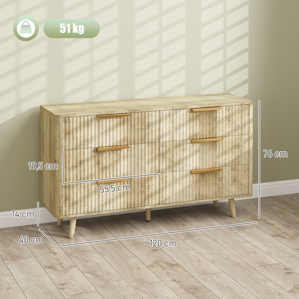 Commode 6 tiroirs scandinave avec poignées et pieds de pin, pour chambre à coucher, salon, couloir, 120x40x76cm, chêne
