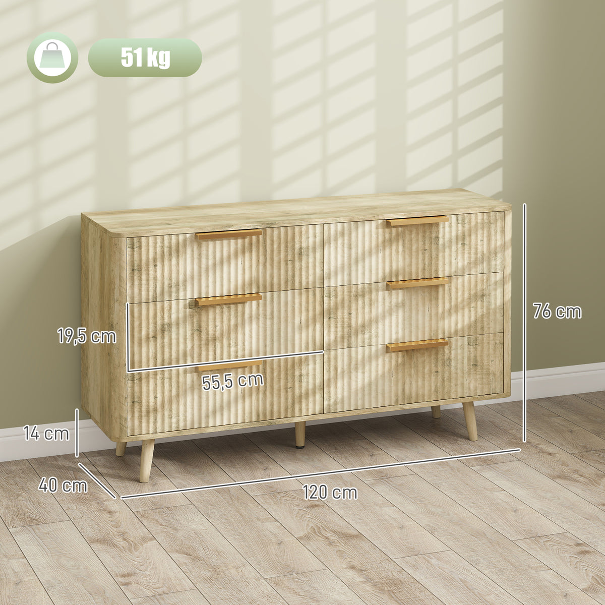 Commode 6 tiroirs scandinave avec poignées et pieds de pin, pour chambre à coucher, salon, couloir, 120x40x76cm, chêne
