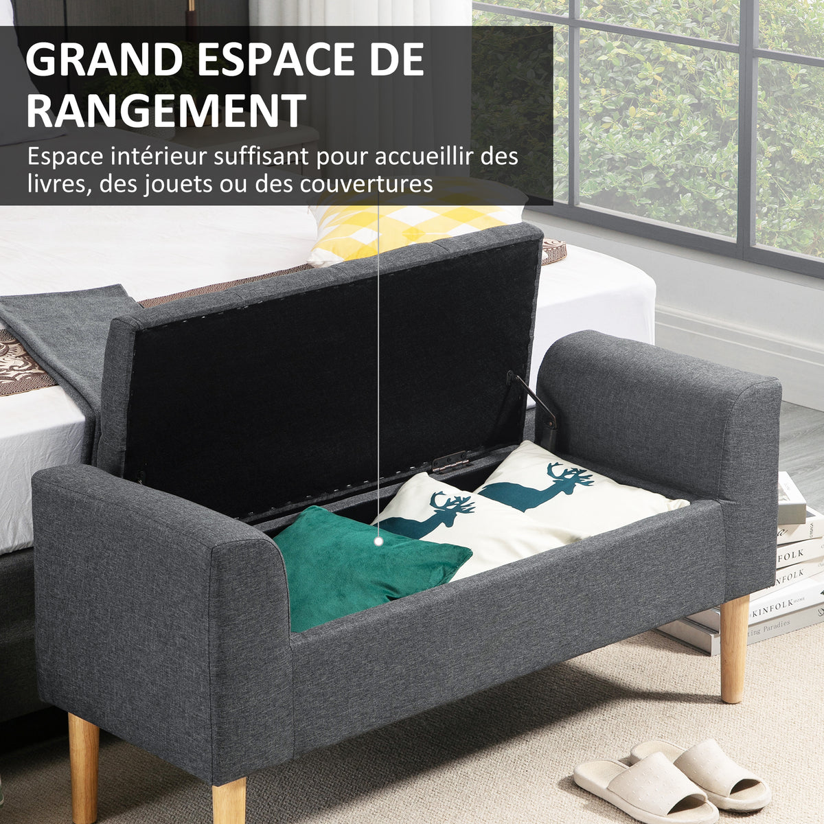 Banc coffre rangement capitonné banquette avec accoudoirs, banc de rangement pour la chambre à coucher, entrée, salon, charge 130 Kg dim. 116 x 44 x 58 cm gris foncé