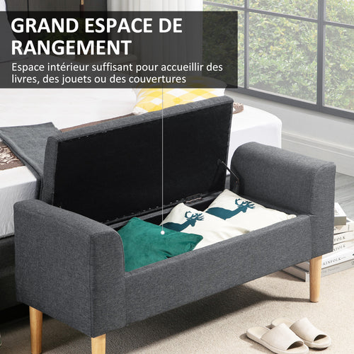 Banc coffre rangement capitonné banquette avec accoudoirs, banc de rangement pour la chambre à coucher, entrée, salon, charge 130 Kg dim. 116 x 44 x 58 cm gris foncé