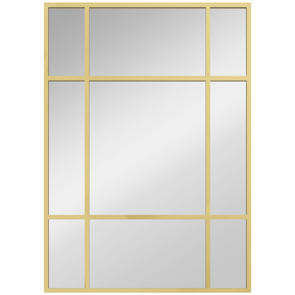 Miroir mural verrière rectangulaire style fenêtre, horizontal ou vertical avec 4 crochets, en métal doré - 50x70 cm