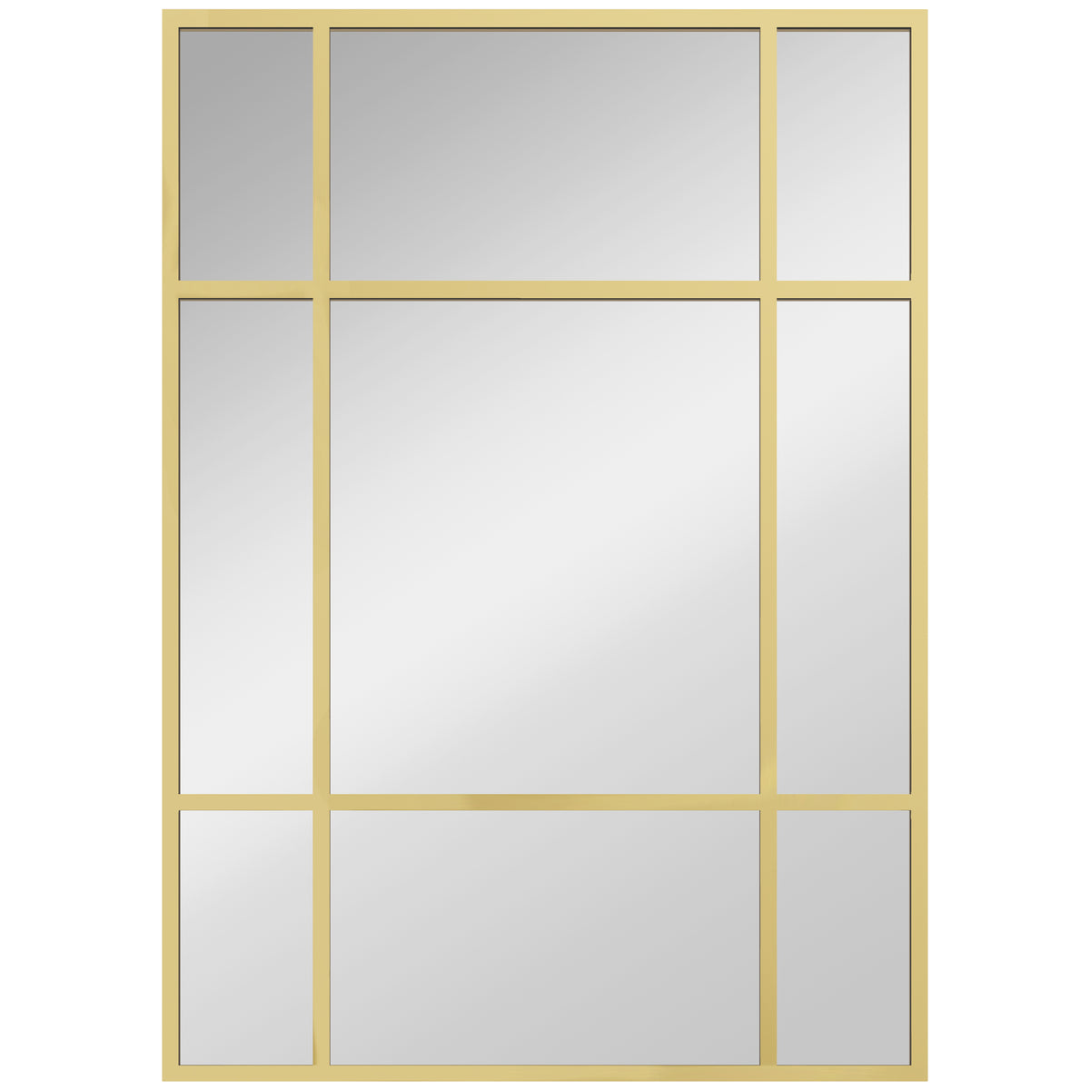 Miroir mural verrière rectangulaire style fenêtre, horizontal ou vertical avec 4 crochets, en métal doré - 50x70 cm