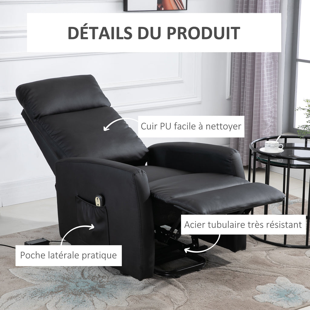 Fauteuil releveur électrique inclinable avec repose-pied ajustable et télécommande revêtement synthétique noir