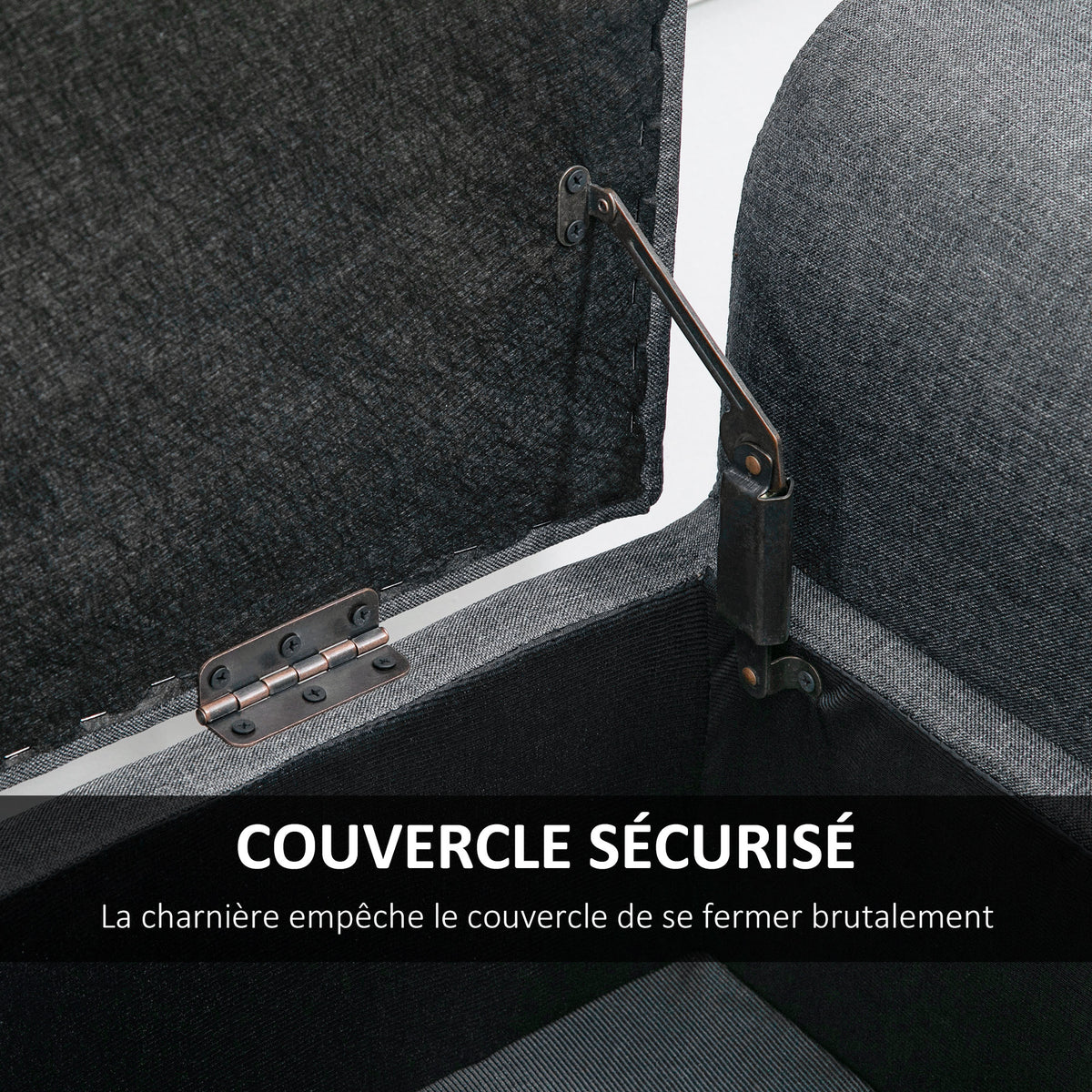 Banc coffre rangement capitonné banquette avec accoudoirs, banc de rangement pour la chambre à coucher, entrée, salon, charge 130 Kg dim. 116 x 44 x 58 cm gris foncé