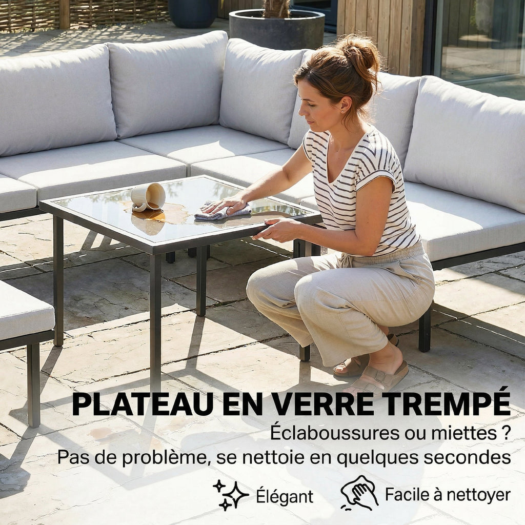 Salon de jardin extérieur d'angle modulable 6 personnes, table basse avec plateau en verre trempé, gris clair