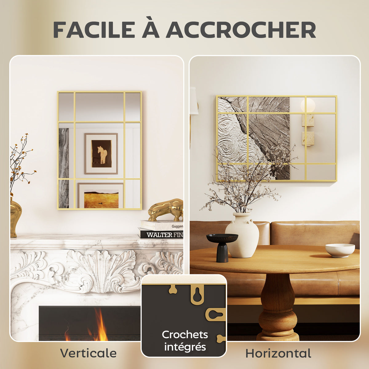Miroir mural verrière rectangulaire style fenêtre, horizontal ou vertical avec 4 crochets, en métal doré - 50x70 cm
