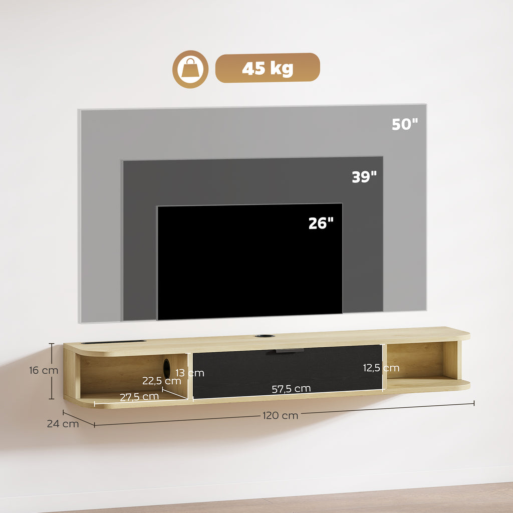 Meuble TV suspendu, meuble télé pour téléviseur jusqu'à 50 pouces, tiroir rabattable 2 étagères 120x24x16cm noir