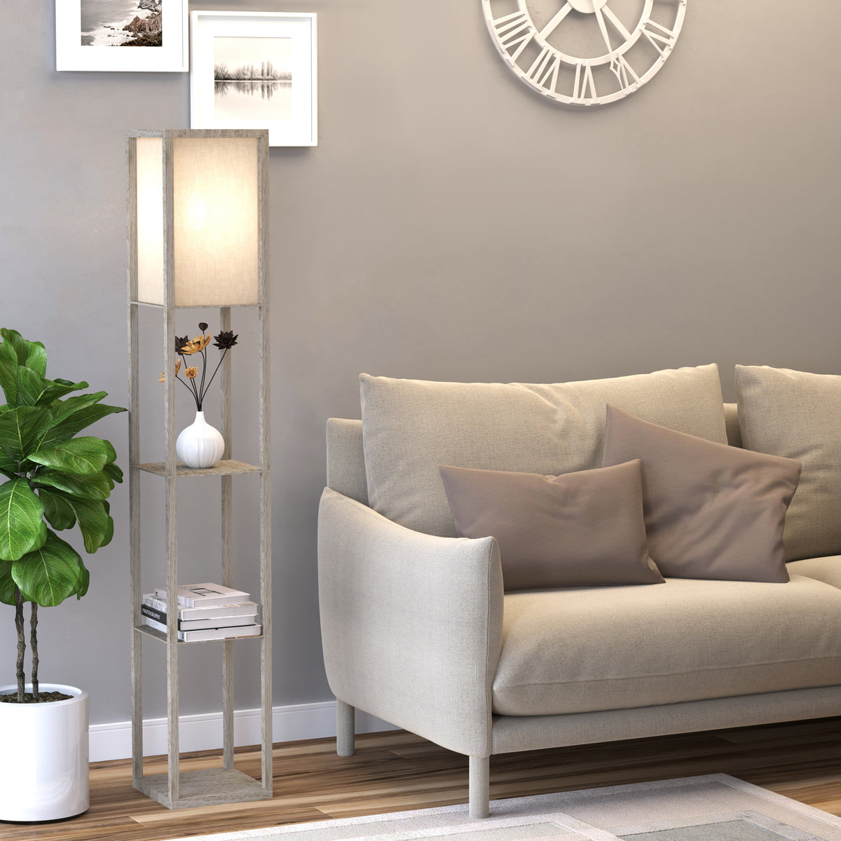 Lampadaire étagère 26L x 26l x 160H cm 3 étagères 4 Niveaux MDF chêne