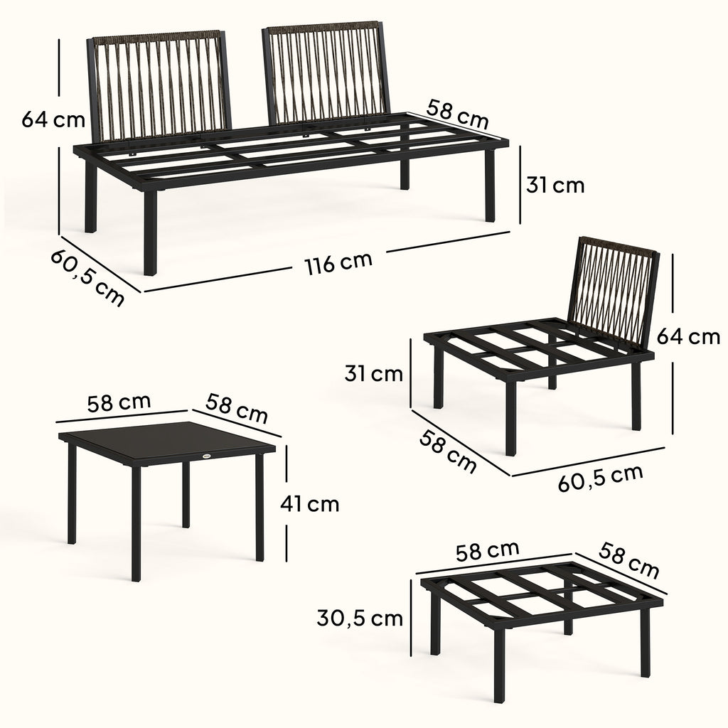 Salon de jardin extérieur d'angle modulable 6 personnes, table basse avec plateau en verre trempé, gris clair