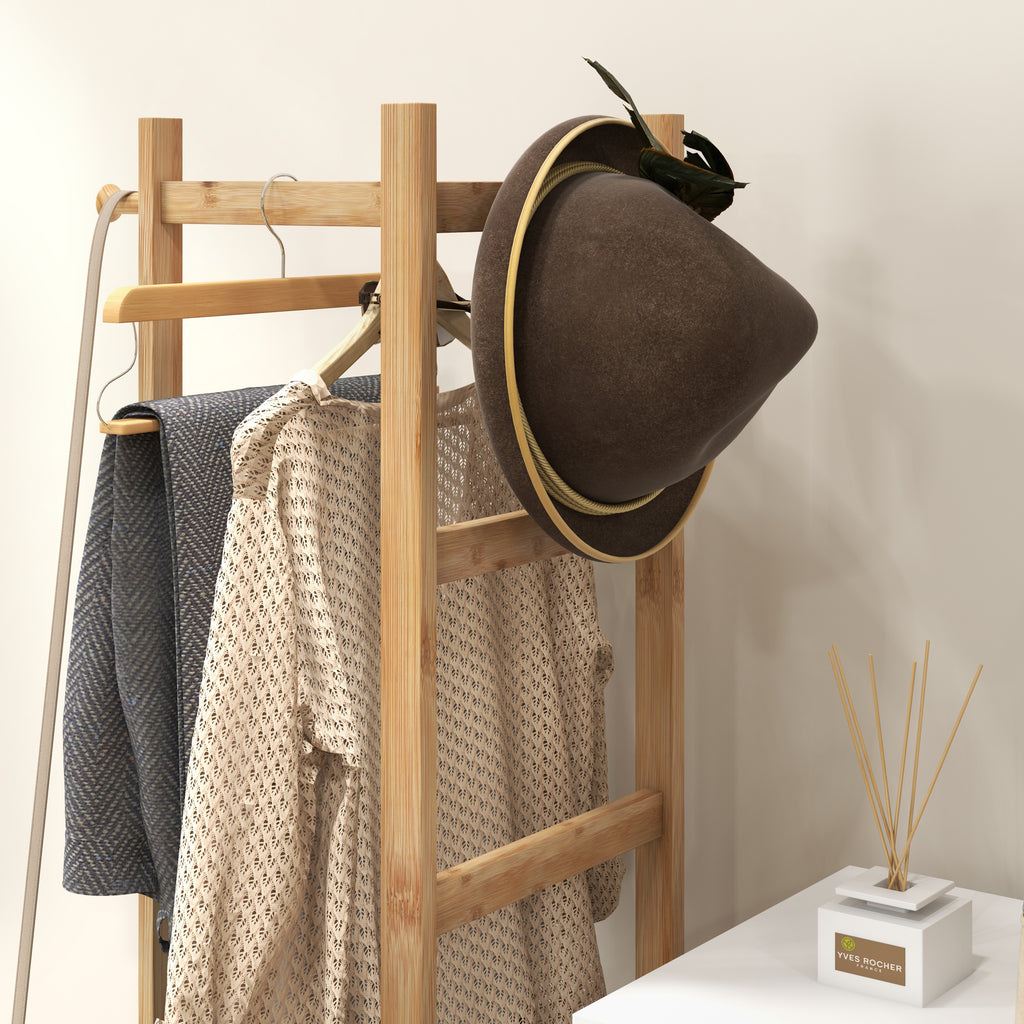 Portant pour vêtements en bambou, Porte-manteau en Bois avec tringle, étagères, patère, 4 barres latérales