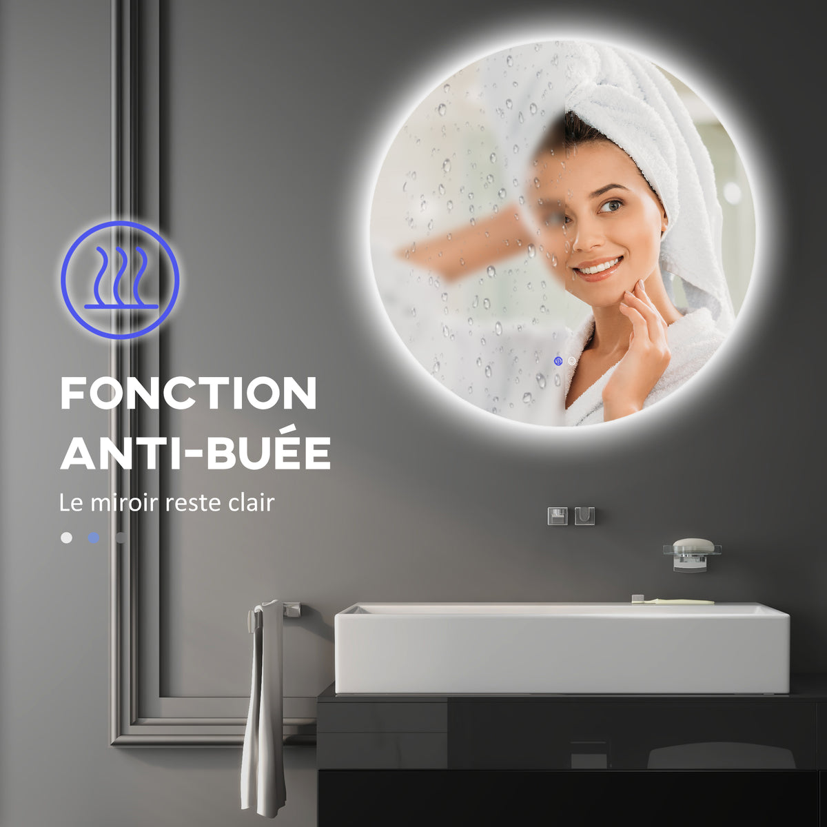 Miroir rond lumineux LED de salle de bain Ø 80 cm mural avec éclairage interrupteur tactile système antibuée