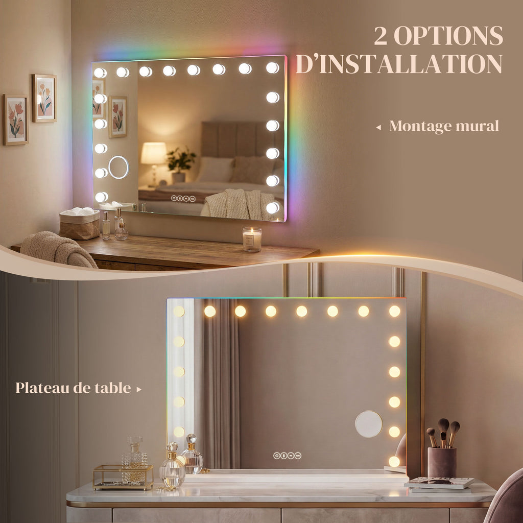 Miroir maquillage Hollywood 18 ampoules LED, 3 couleurs d'éclairage, lumière RGB, haut-parleur Bluetooth, blanc