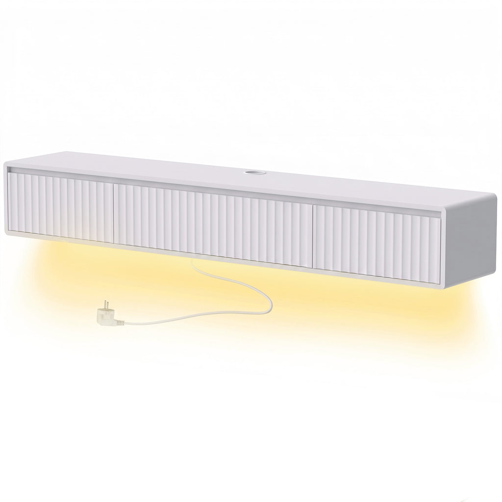 Meuble TV Suspendu Flottant 160 cm avec Éclairage LED et Prises, Meuble Télé pour Téléviseur 72 Pouces, Blanc