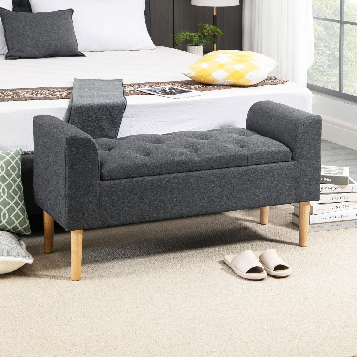 Banc coffre rangement capitonné banquette avec accoudoirs, banc de rangement pour la chambre à coucher, entrée, salon, charge 130 Kg dim. 116 x 44 x 58 cm gris foncé