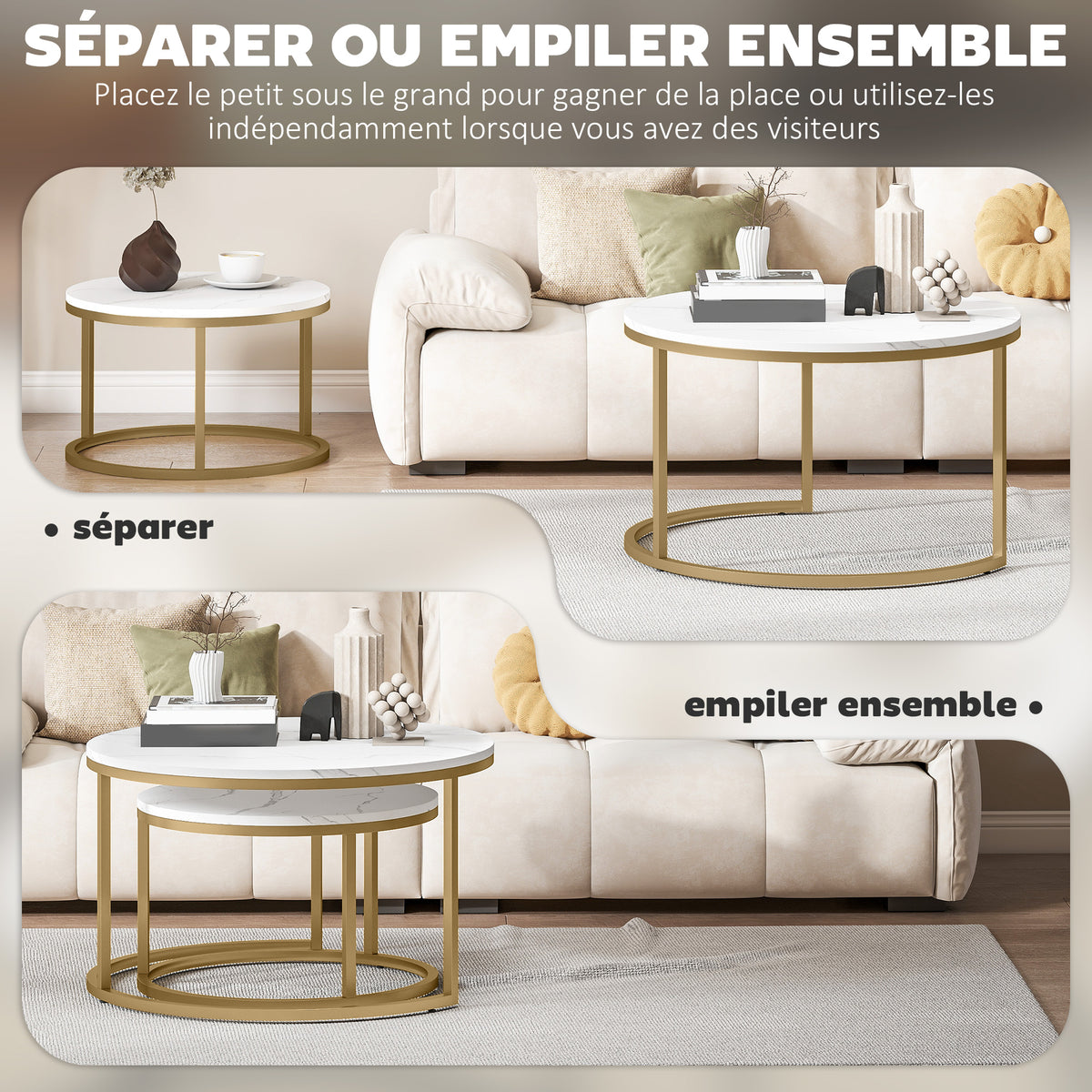 Lot de 2 tables basses gigognes empilable design industriel plateau imitation ciment pieds en métal blanc