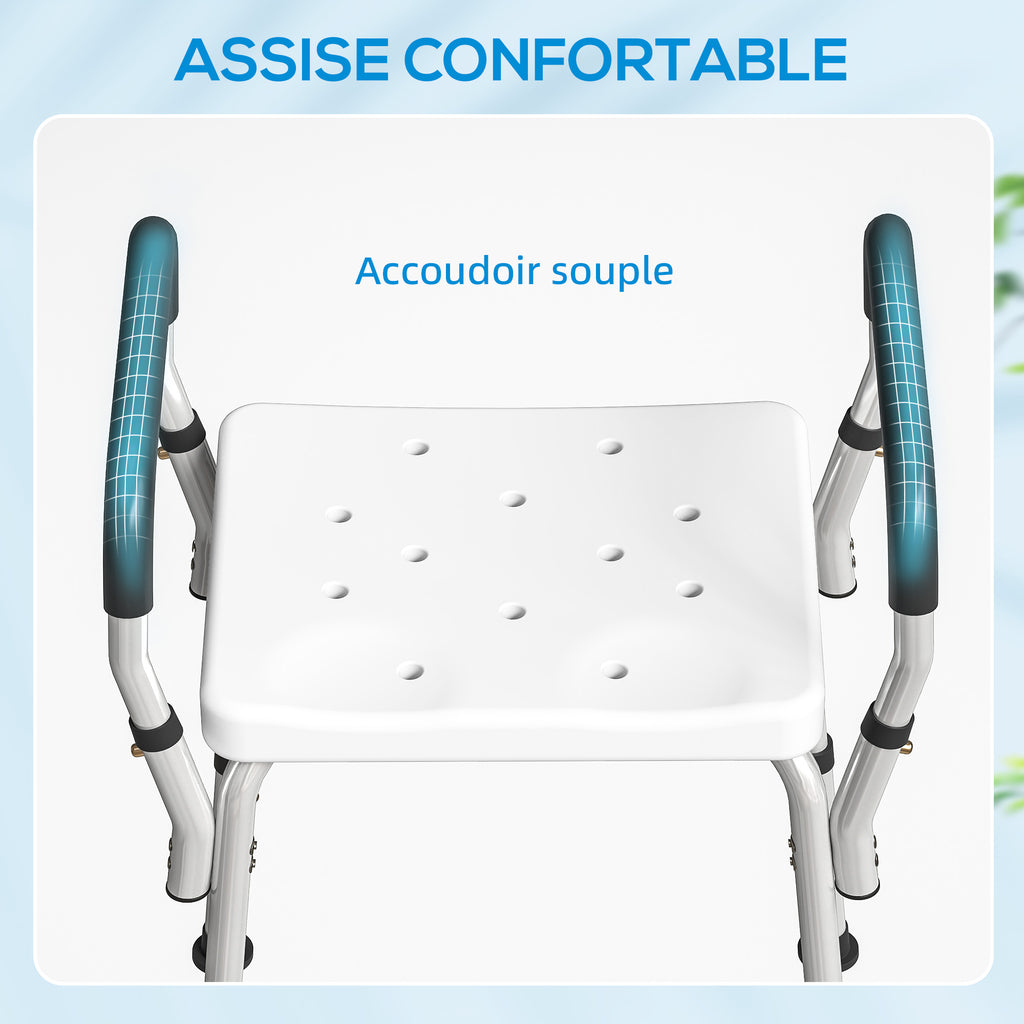 Tabouret de douche pour personnes âgées et handicapées avec accoudoirs, hauteur réglable, patins antidérapants, blanc