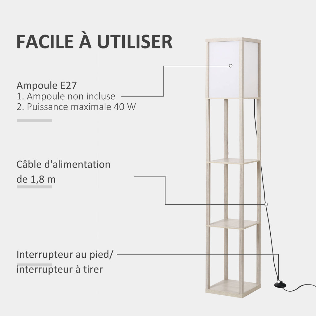 Lampadaire étagère 26L x 26l x 160H cm 3 étagères 4 Niveaux MDF chêne