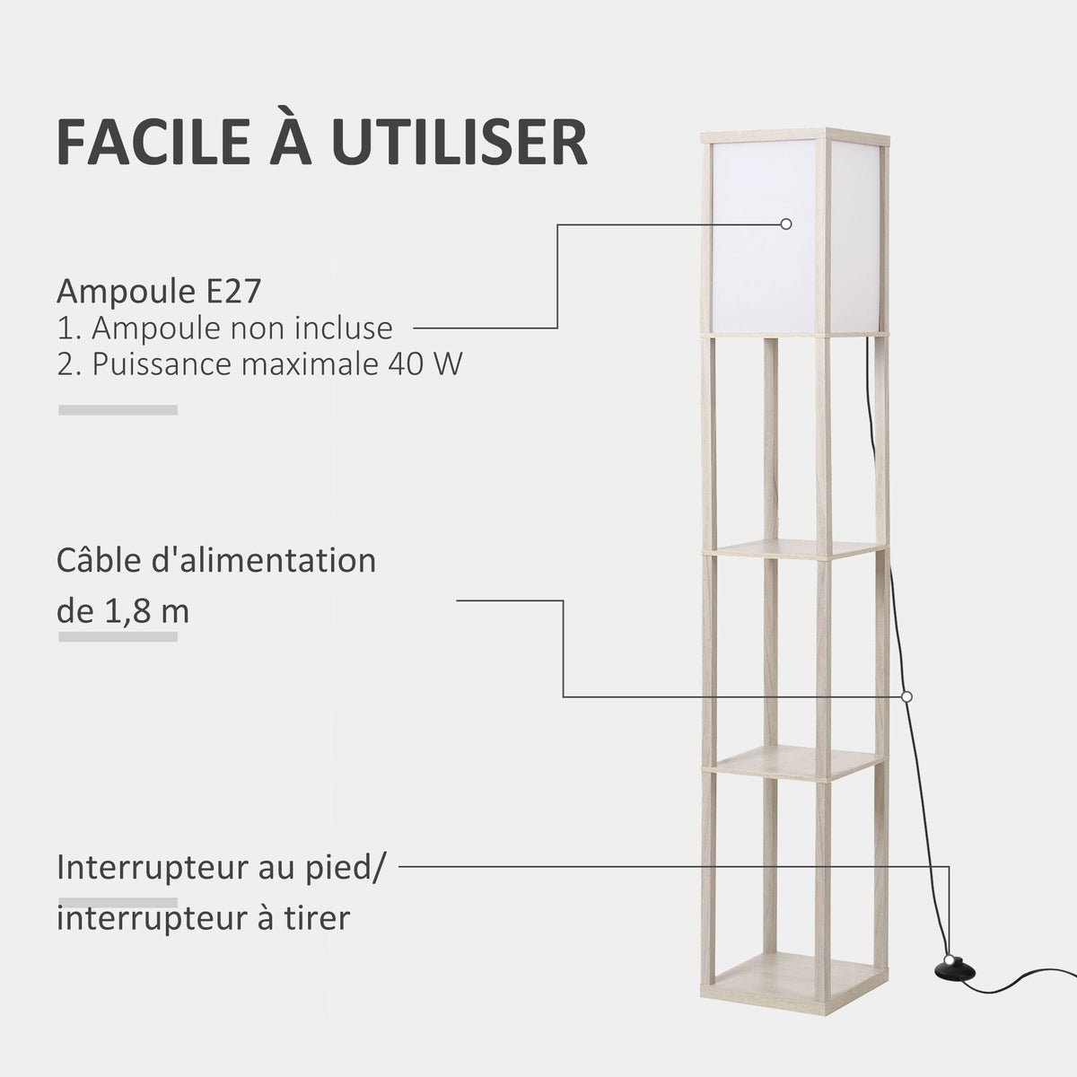 Lampadaire étagère 26L x 26l x 160H cm 3 étagères 4 Niveaux MDF chêne