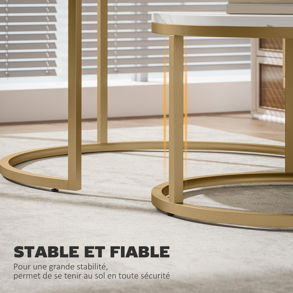 Lot de 2 tables basses gigognes empilable design industriel plateau imitation ciment pieds en métal blanc