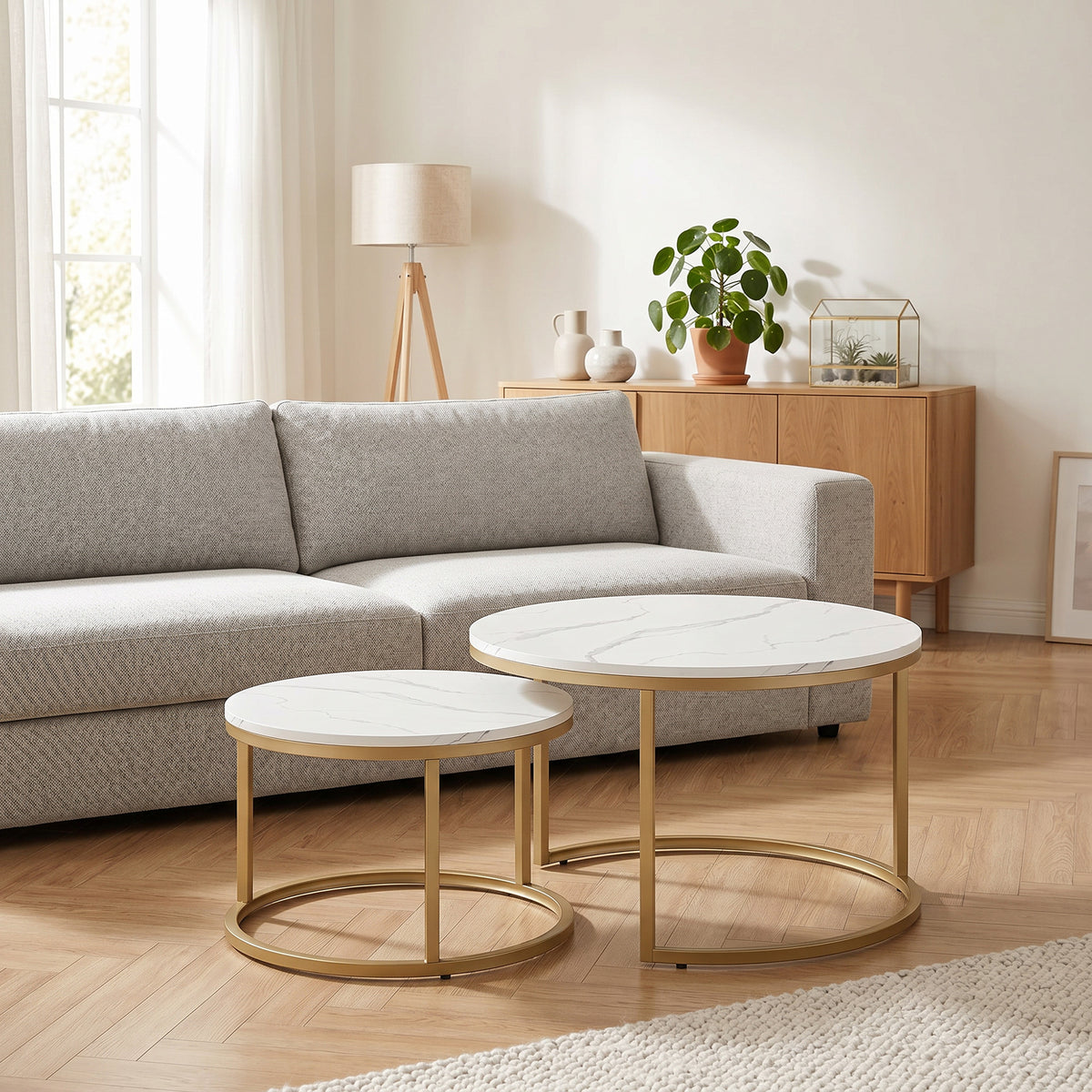 Lot de 2 tables basses gigognes empilable design industriel plateau imitation ciment pieds en métal blanc