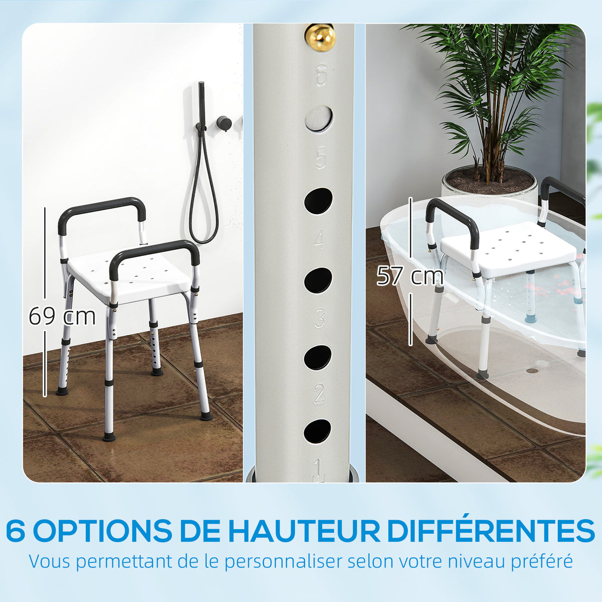 Tabouret de douche pour personnes âgées et handicapées avec accoudoirs, hauteur réglable, patins antidérapants, blanc
