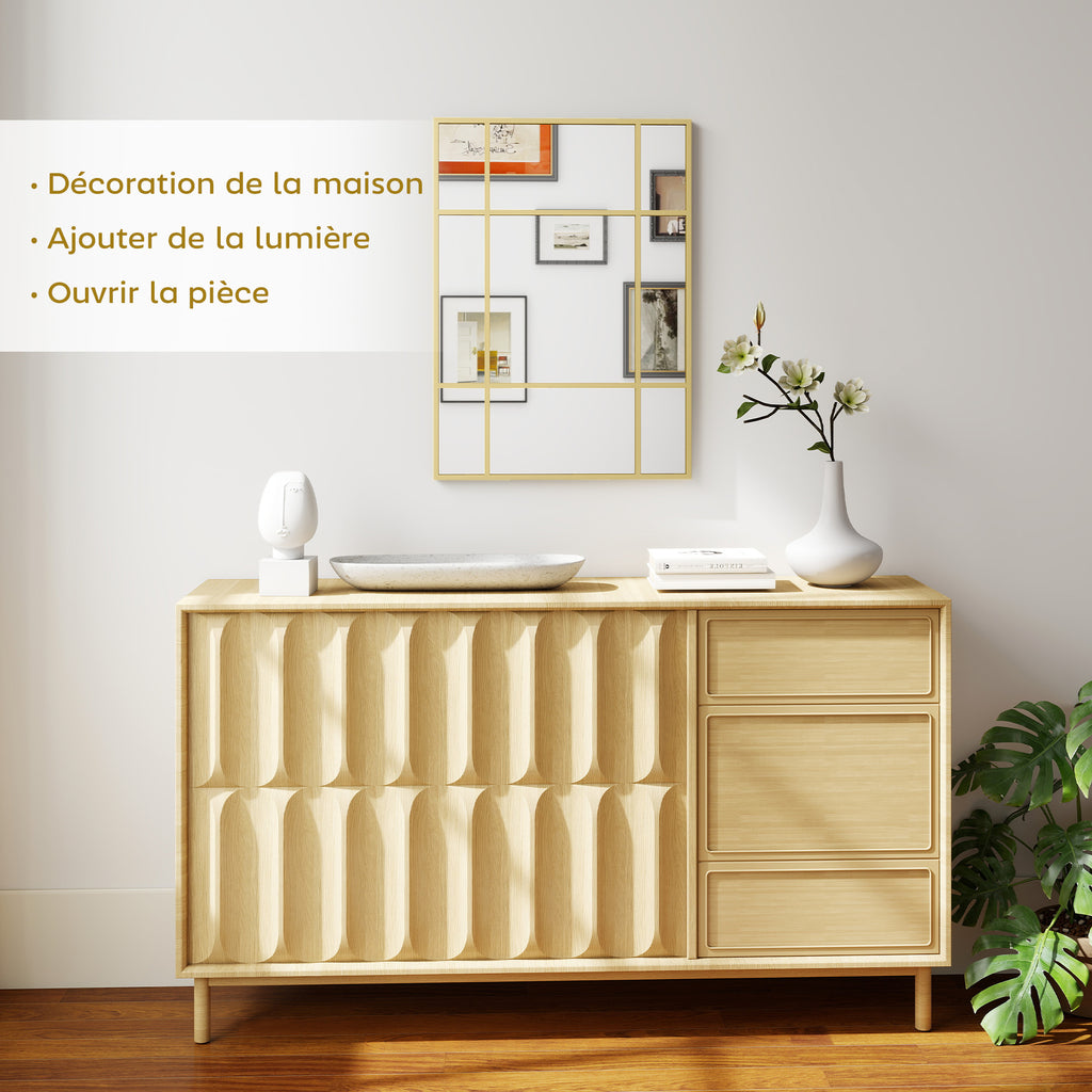 Miroir mural verrière rectangulaire style fenêtre, horizontal ou vertical avec 4 crochets, en métal doré - 50x70 cm