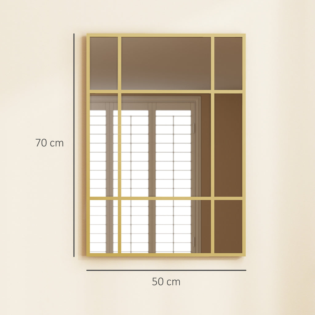 Miroir mural verrière rectangulaire style fenêtre, horizontal ou vertical avec 4 crochets, en métal doré - 50x70 cm