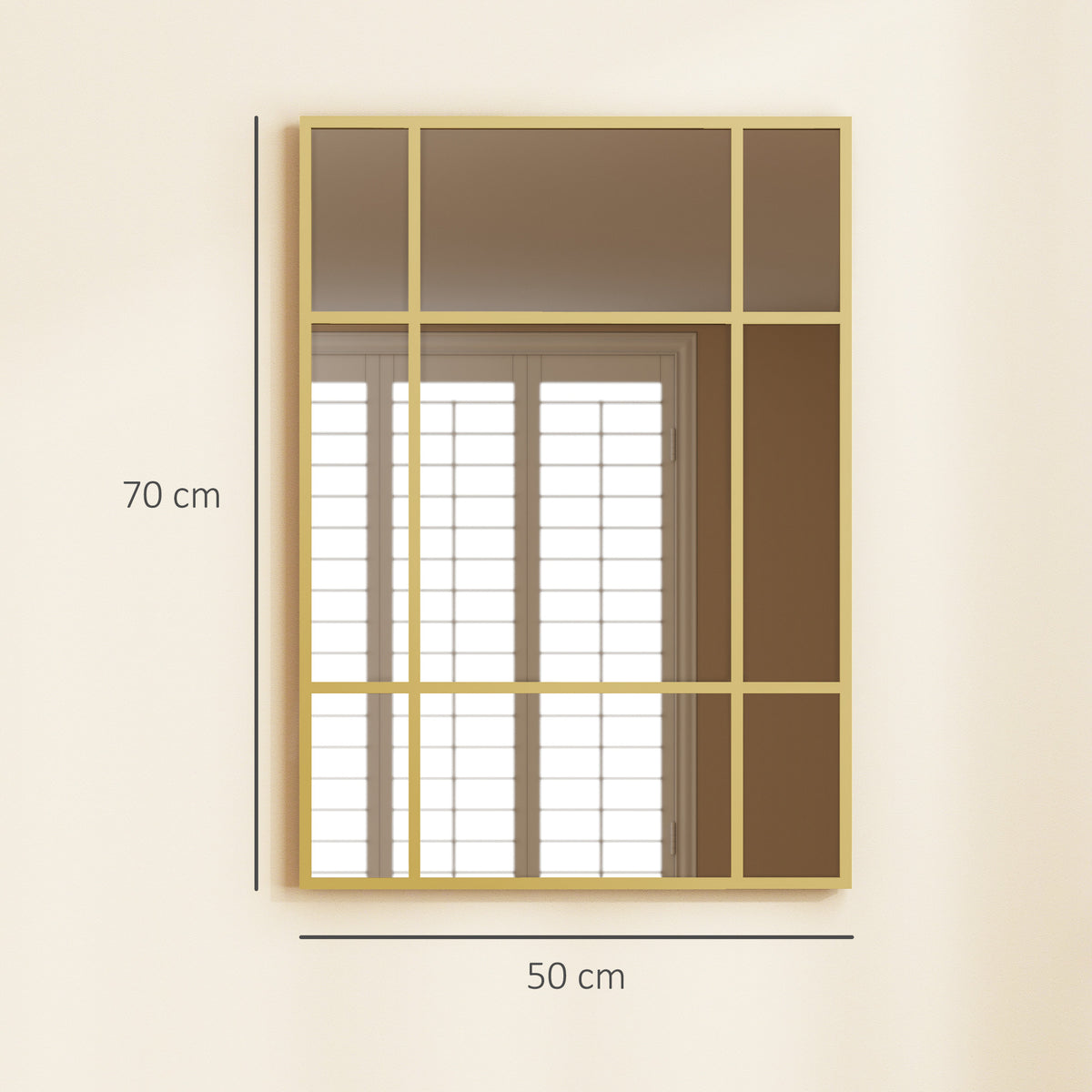Miroir mural verrière rectangulaire style fenêtre, horizontal ou vertical avec 4 crochets, en métal doré - 50x70 cm