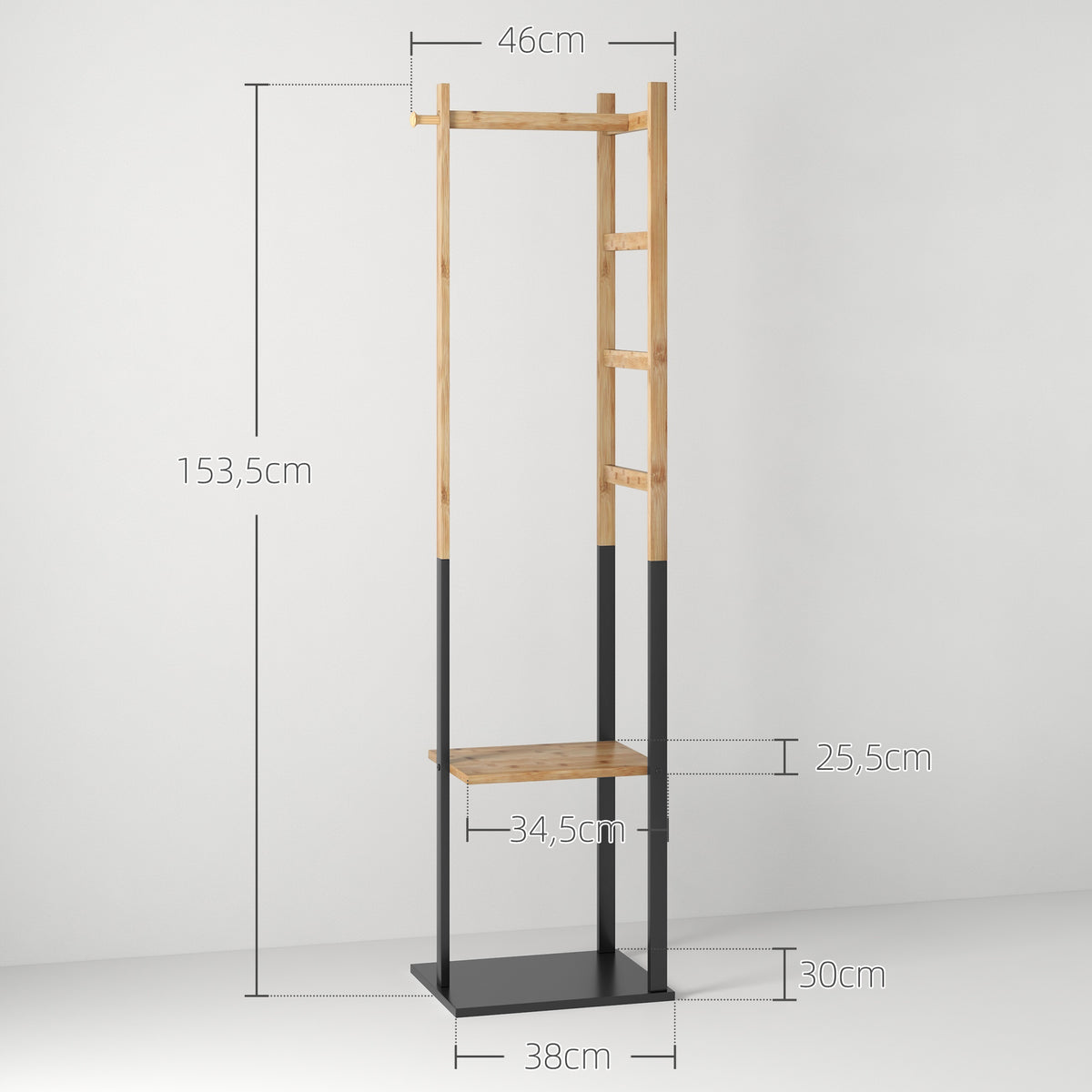 Portant pour vêtements en bambou, Porte-manteau en Bois avec tringle, étagères, patère, 4 barres latérales