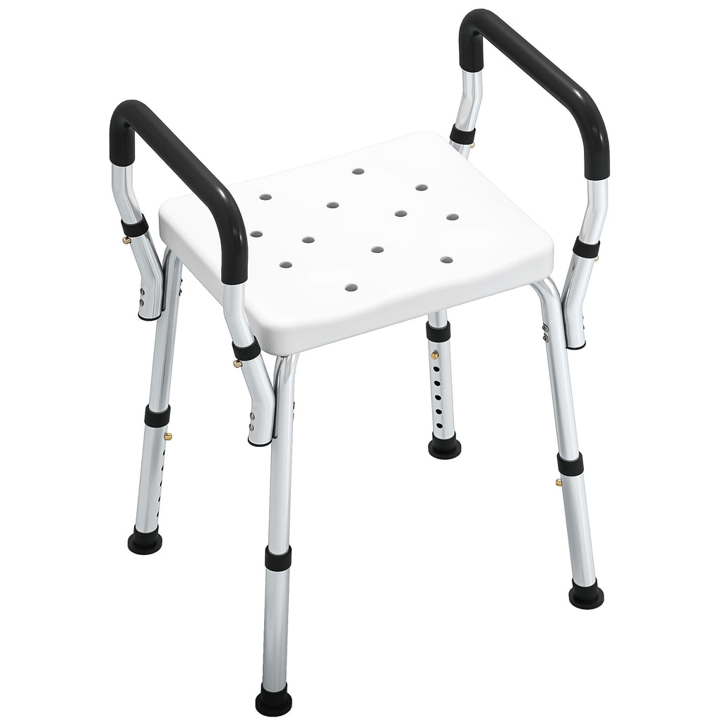 Tabouret de douche pour personnes âgées et handicapées avec accoudoirs, hauteur réglable, patins antidérapants, blanc