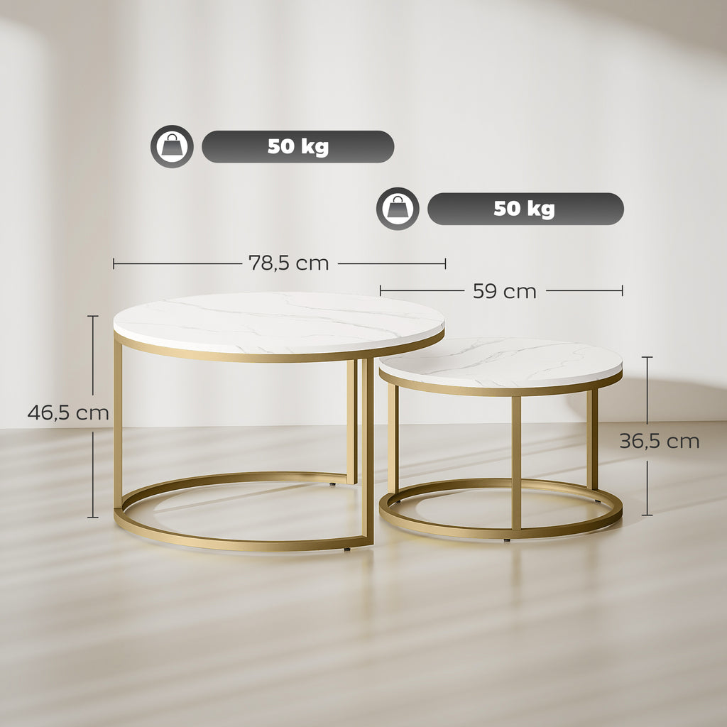 Lot de 2 tables basses gigognes empilable design industriel plateau imitation ciment pieds en métal blanc