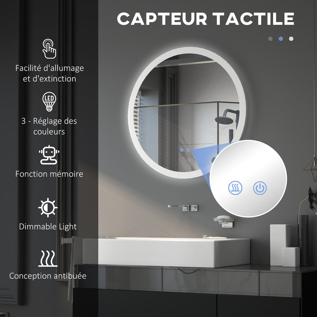 Miroir rond lumineux LED de salle de bain Ø 70 cm mural éclairage interrupteur tactile système antibuée 35W blanc argent