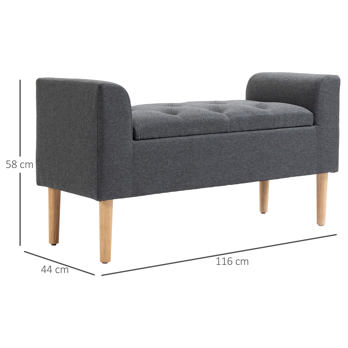 Banc coffre rangement capitonné banquette avec accoudoirs, banc de rangement pour la chambre à coucher, entrée, salon, charge 130 Kg dim. 116 x 44 x 58 cm gris foncé