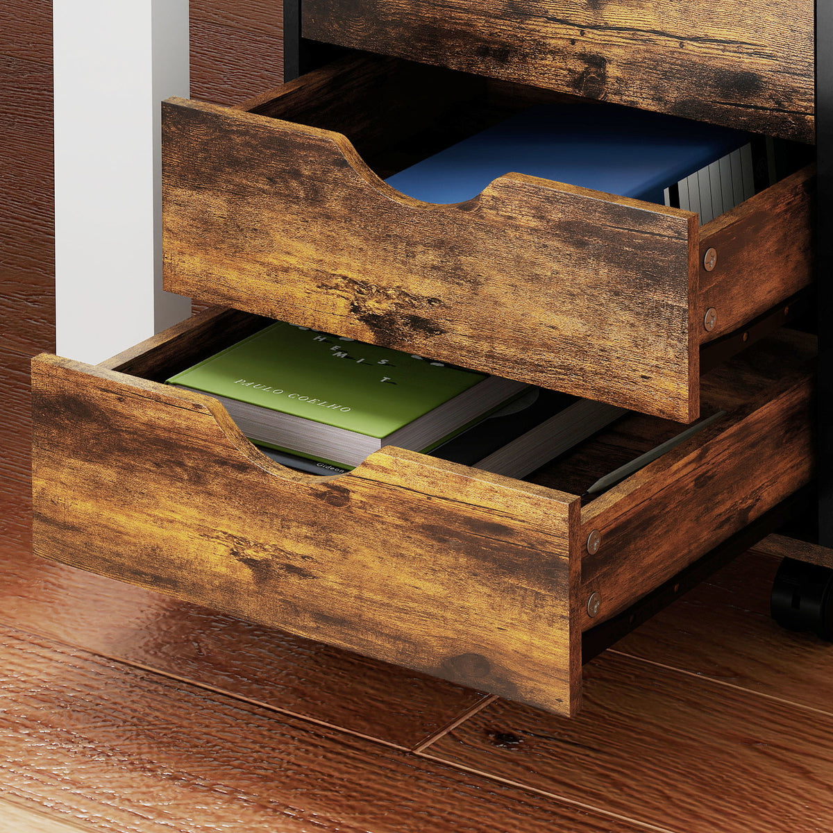 Caisson bureau mobile, meuble rangement sur roulettes avec 5 tiroirs, bois, 40 x 40 x 67 cm, marron