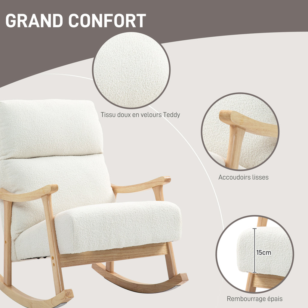 Fauteuil à bascule, rocking chair en velours teddy avec assise rembourré, dossier ergonomique, 65 x 90 x 98 cm, crème