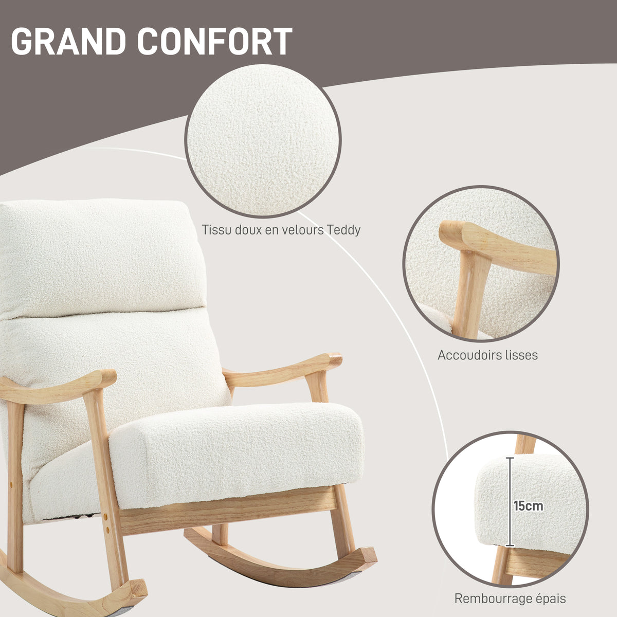 Fauteuil à bascule, rocking chair en velours teddy avec assise rembourré, dossier ergonomique, 65 x 90 x 98 cm, crème