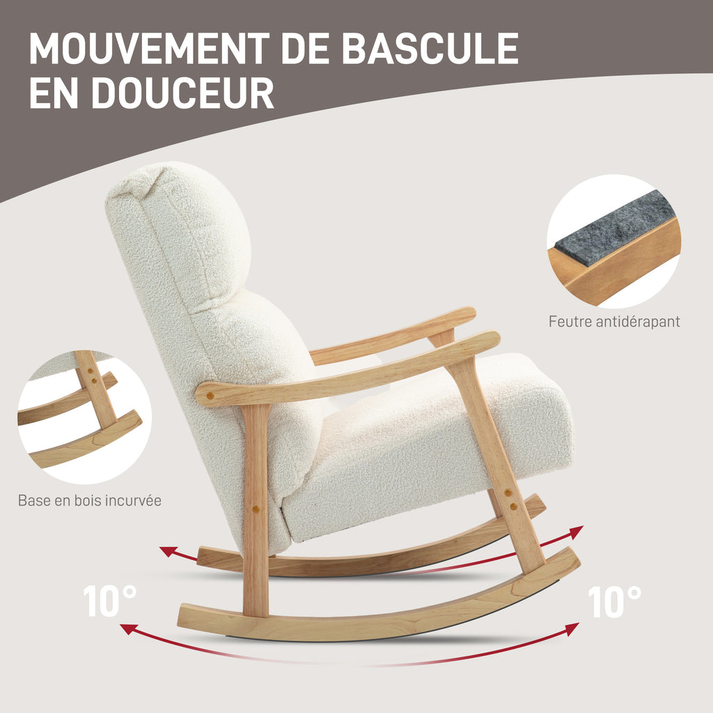 Fauteuil à bascule, rocking chair en velours teddy avec assise rembourré, dossier ergonomique, 65 x 90 x 98 cm, crème